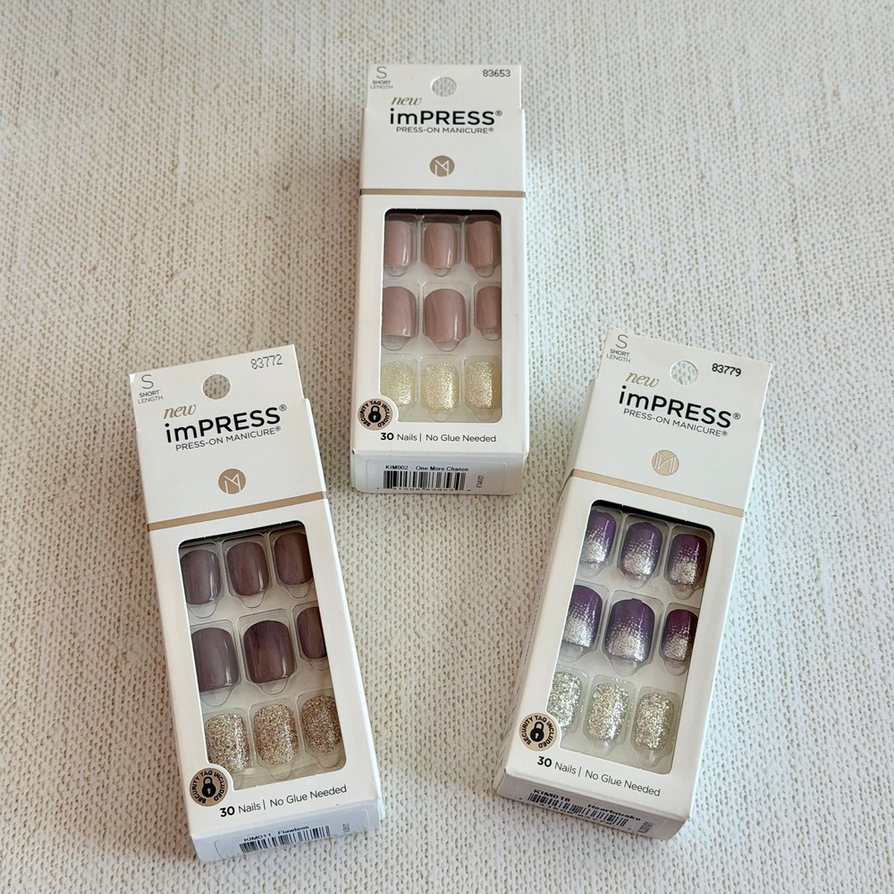 3 Sets KISS imPRESS Press-On Manicure Nails Kits Purple Silver Glitter New NIP
